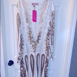 NWT Southern Fried Chics Royal Sequin Duster-Gold&White- Size XL